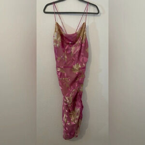 Samsoe Samsoe Pink Kirigami Floral Dapples Ruched Satin Burnout Dress NWT Large